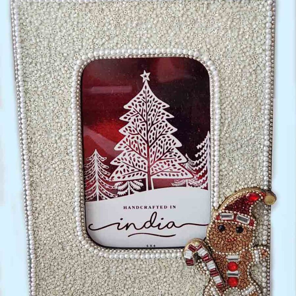 Handcrafted Beaded Christmas Holiday Photo Frame Gingerbread Man Holds 4" X 6"